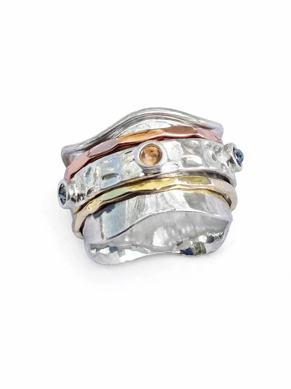 Sterling Silver 925 Copper Brass Spinner Ring Hammered Gemstone Boho 10.8g Heavy
